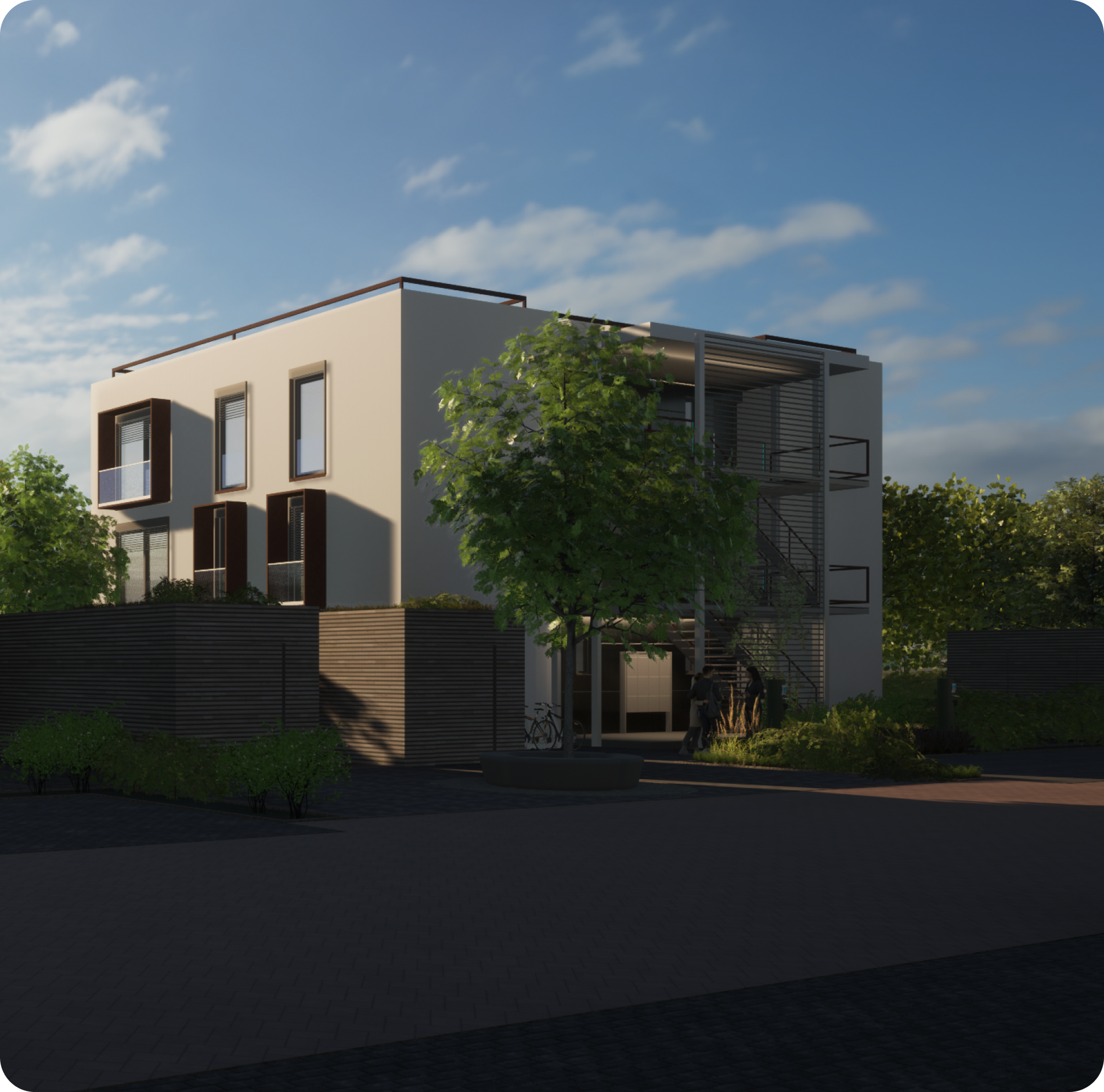 A picture of of a 4 story multi family house with a flat roof and modern design, built in a modular sustainable way